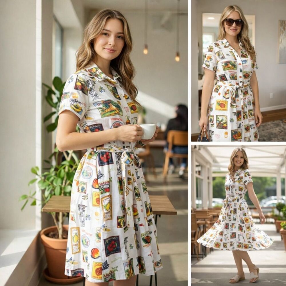 JANE +‎ DELANCEY New Fruit Print Shirt Dress Midi Belted Rayon Linen SMALL Slit